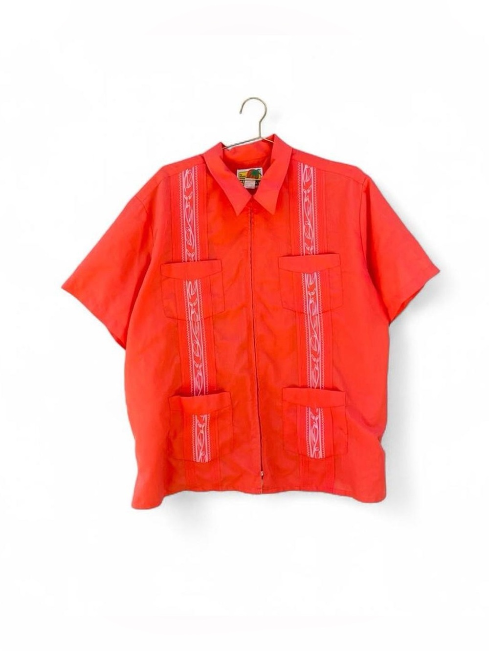 Vintage Haband Guayabera Coral Orange Embroidered Zip Shirt 2XL
